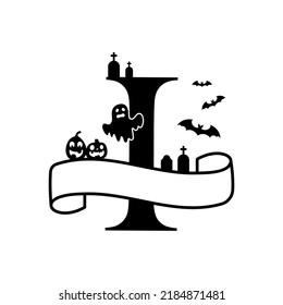 Cute Halloween letter I split monogram. Cartoon ghost, pumpkin, bat for kids t-shirt, nursery decoration, baby shower, greeting card, invitation, scrapbooking, home decor. Vector stock illustration.