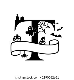 Cute Halloween letter T split monogram. Cartoon ghost, pumpkin, bat for kids t-shirt, nursery decoration, baby shower, greeting card, invitation, scrapbooking, home decor. Vector stock illustration.