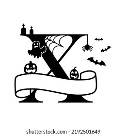 Cute Halloween letter X split monogram. Cartoon ghost, pumpkin, bat for kids t-shirt, nursery decoration, baby shower, greeting card, invitation, scrapbooking, home decor. Vector stock illustration.