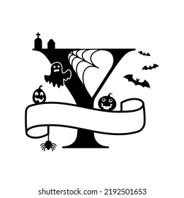 Cute Halloween letter Y split monogram. Cartoon ghost, pumpkin, bat for kids t-shirt, nursery decoration, baby shower, greeting card, invitation, scrapbooking, home decor. Vector stock illustration.