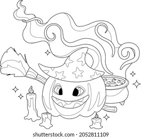 Cute Halloween line art illustration with a smiling pumpking in witch's hat, and with a broom and a pot with magic potion. Children color book coloring picture. Anti-stress Halloween painting. 