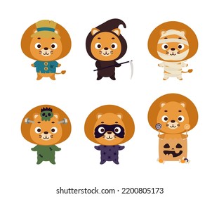 Cute Halloween lion set. Cartoon animal character collection for kids t-shirts, nursery decoration, baby shower, greeting card, invitation. Vector stock illustration