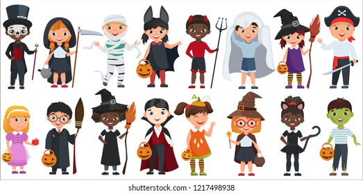 Cute Halloween little kids set vector illustration.