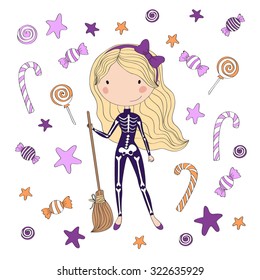 Cute Halloween little witch with candies. Halloween vector card.