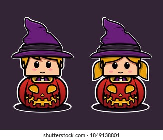 Cute halloween little witch. Cute kids in witch costume in a creepy giant pumpkin. Illustration vector