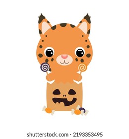 Cute Halloween lynx sitting in a trick or treat bag with candies. Cartoon animal character for kids t-shirts, nursery decoration, baby shower, greeting card, invitation. Vector stock illustration