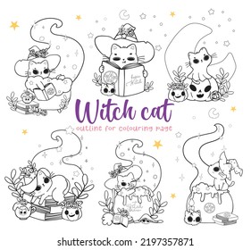 cute Halloween magic witch cat cartoon outline doodle set vector for colouring book