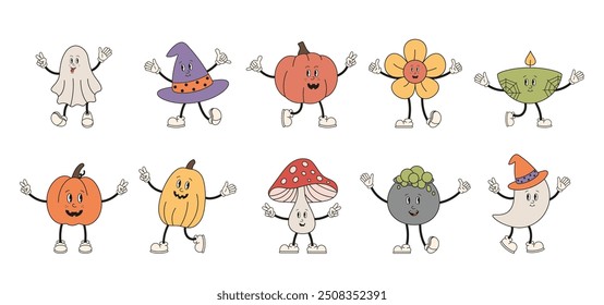 Cute Halloween Mascot personage. Groovy Hippy Halloween characters, pumpkin, spooky ghost, witch hat, witch pot, fly agaric, candle for cards, invitation, banners, posters, holiday party.