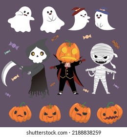 Cute Halloween material with pumpkins, ghosts, grim reapers, zombies and more