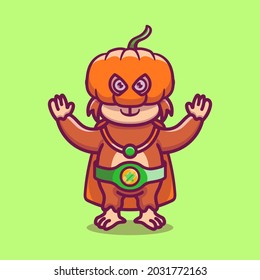 cute halloween monkey pumpkin superhero illustration