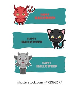 Cute Halloween monster banners - devil, black cat, gargoyle