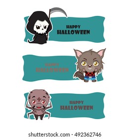 Cute Halloween monster banners - reaper, werewolf, spider