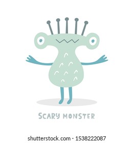 Cute Halloween Monster character, isolated on white. Template for Kids Greeting cards, Stickers, Tags. Vector illustration