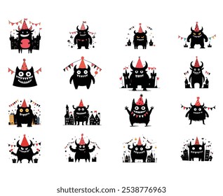 Cute Halloween Monster Illustrations with Party Hats and Festive Decorations