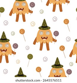 Cute Halloween monster seamless pattern. Spooky Halloween hand drawn vector pattern in flat style