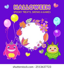 Cute Halloween monsters with balloons Birthday kids school party smiling face character, modern invitation card design, Autumn Holiday decoration, back to school, vector template