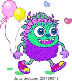 Cute Halloween monsters with balloons Birthday kids school party smiling face character, modern invitation card design, Autumn Holiday decoration, back to school, vector template