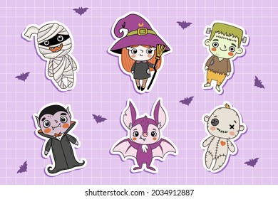 Cute halloween monsters cartoon characters, stickers collection in hand drawn style