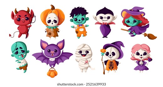 Cute Halloween monsters characters flat color vector icon set. Childish scary creatures at party illustration pack on white background