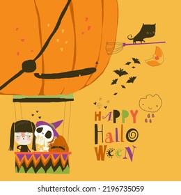 Cute Halloween Monsters flying on Air Balloon shaped like a Pumpkin. 3D Illustration