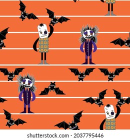 Cute Halloween monsters orange seamless pattern vector 