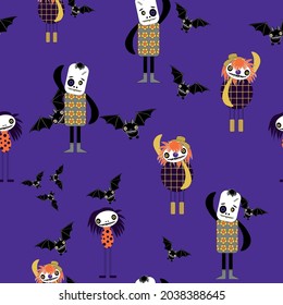 Cute Halloween monsters violet seamless pattern vector 