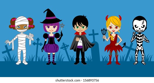 Cute Halloween Monsters,in graveyard