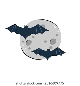 Cute Halloween moon and bat character design. Vector illustration in flat and Doodle style for the October holiday Halloween