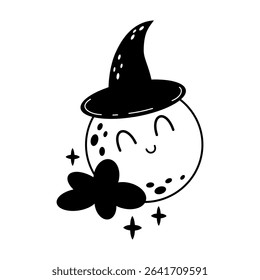 Cute Halloween moon in witch hat, black and white isolated Halloween character. Halloween hand drawn vector illustration in flat style