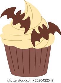 Cute Halloween muffin with bats on whipped cream. Festive cupcake in cartoon style. White background.