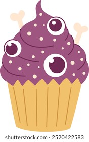 Cute Halloween muffin with eyes and bones. Festive cupcake in cartoon style. White background.