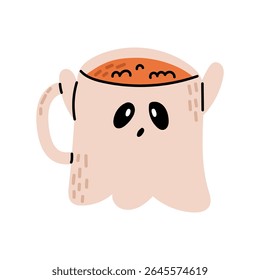Cute Halloween mug. Beverage in ghost cup. Flat vector illustration isolated on white background.