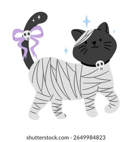 Cute Halloween mummy cat with a skull collar and bow, isolated on white. Perfect for spooky yet adorable designs