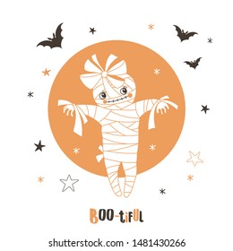 Cute halloween mummy flat vector illustration. Monster wrapping in bandages, zombie sticker, clipart. Scary halloween party costume. Cartoon flying bats isolated on white background