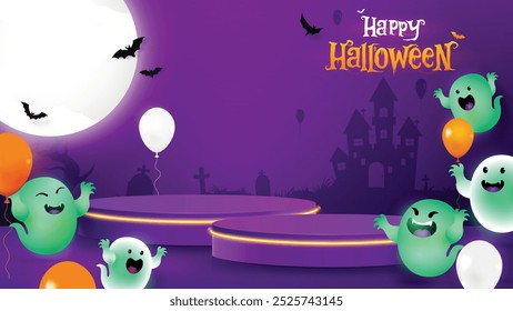 Cute Halloween night background with flying ghosts and stage podium for products display, vector design 