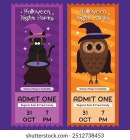 Cute halloween night party admission ticket with witch cat and witch owl design template.