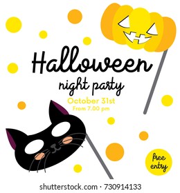 Cute Halloween night party design concept with black cat and pumpkin masks on polka dots background for poster, banner, party invitation, greeting card. Vector Illustration.
