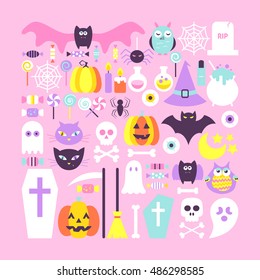 Cute Halloween Objects in Trendy Colors. Flat Style Vector Illustration. Set of Scary Holiday Modern Design Elements.