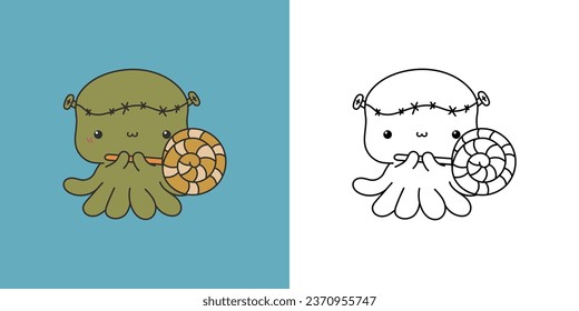 Cute Halloween Octopus Clipart for Coloring Page and Illustration. Happy Clip Art Halloween Underwater Animal. Cute Vector Illustration of a Kawaii Halloween Marine Animal in a Zombie Costume. 