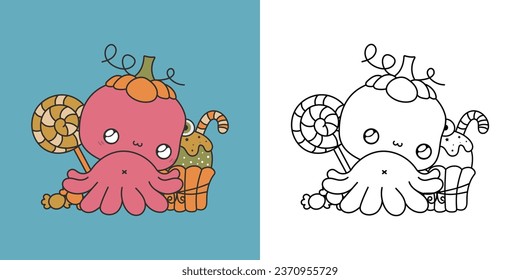 Cute Halloween Octopus Illustration and For Coloring Page. Cartoon Clip Art Halloween Underwater Animal. Cute Vector Illustration of a Kawaii Halloween Marine Animal with Sweets. 
