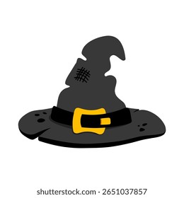 Cute Halloween old black witch hat with gold buckle and patch. Vector Halloween illustration for greeting, print, fabric, decoration, sticker, web