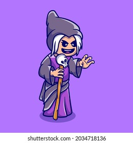 cute halloween old witch holding skull stick