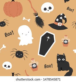 Cute Halloween on orange background seamless pattern