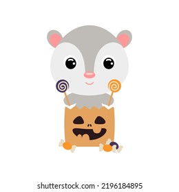 Cute Halloween opossum sitting in a trick or treat bag with candies. Cartoon animal character for kids t-shirts, nursery decoration, baby shower, greeting card, invitation. Vector stock illustration