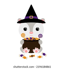 Cute Halloween opossum in witch hat holding a pot with candies. Cartoon animal character for kids t-shirts, nursery decoration, baby shower, greeting card, invitation. Vector stock illustration