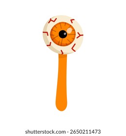 Cute Halloween orange eye lollypop. Vector cute caramel candy eyeball on white background. Funny cartoon illustration for fabric, decoration, sticker.