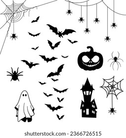 Cute halloween ornament with bat, ghost, haunted house, castle, pumpkin, spider web