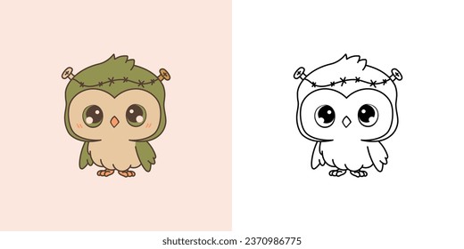 Cute Halloween Owl Clipart Illustration and Black and White. Funny Clip Art Halloween Forest Bird. Cute Vector Illustration of a Kawaii Halloween Animal in a Zombie Costume. 
