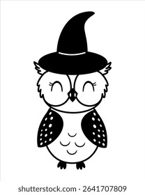 Cute Halloween owl doodle, black and white isolated cartoon character. Halloween hand drawn vector illustration in flat style