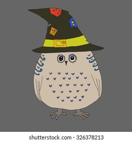 Cute Halloween owl in a hat. Vector element for design